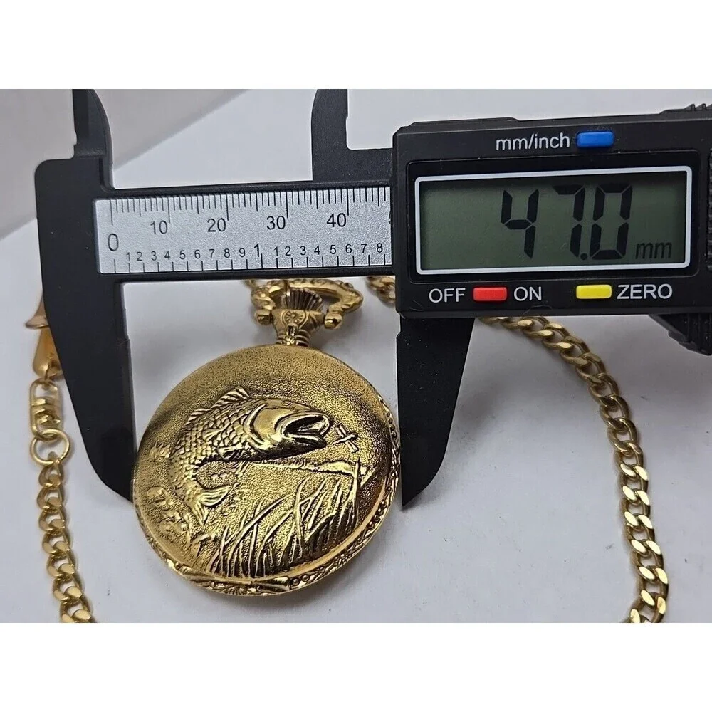 Details Gold Tone Bass Fish Pocket Watch Quartz Japan Movement New Battery Chain